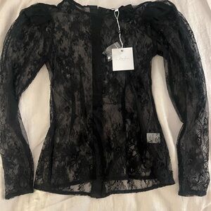 NWT L’Academie Black Lace Top with Shoulder Pads and Button Back